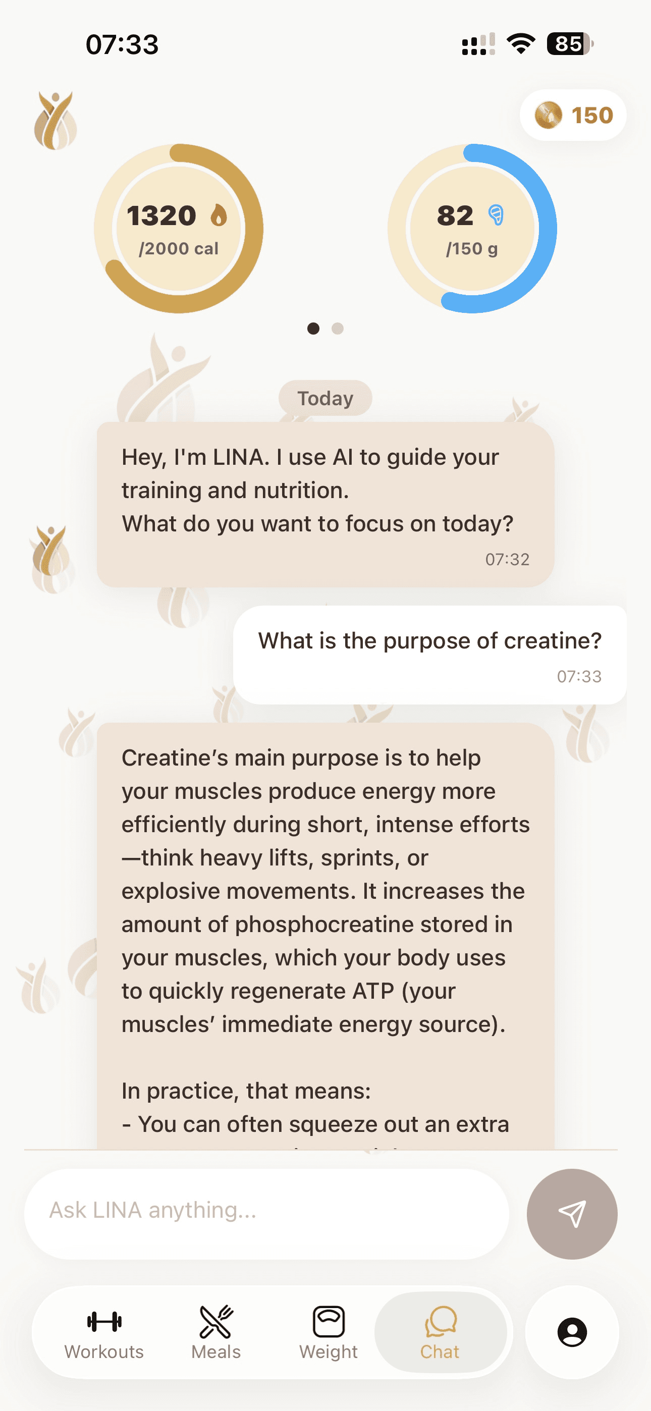 Chat with LINA for form cues, macro swaps, and weekly adjustments.