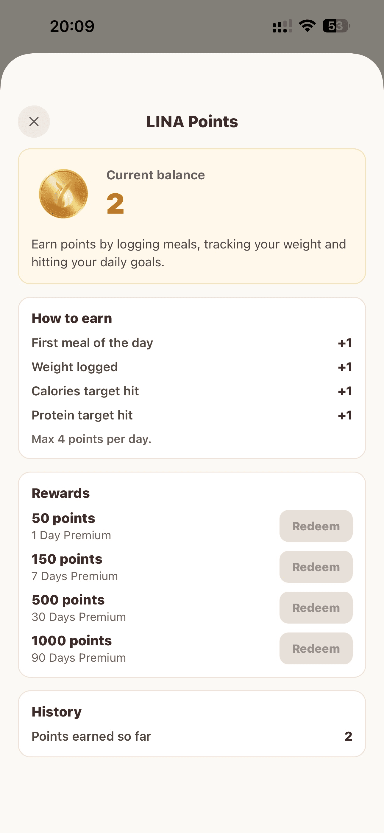 LINA fitness tracker app showing rewards, points, and premium unlocks.