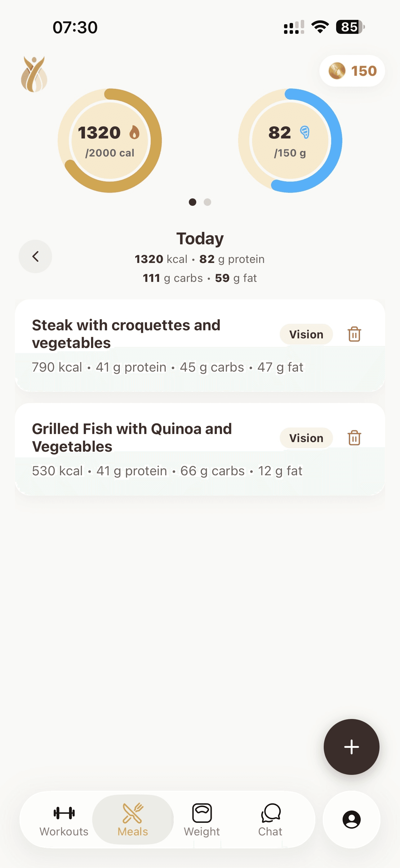 LINA fitness tracker app dashboard showing workouts, calories, and macro targets.