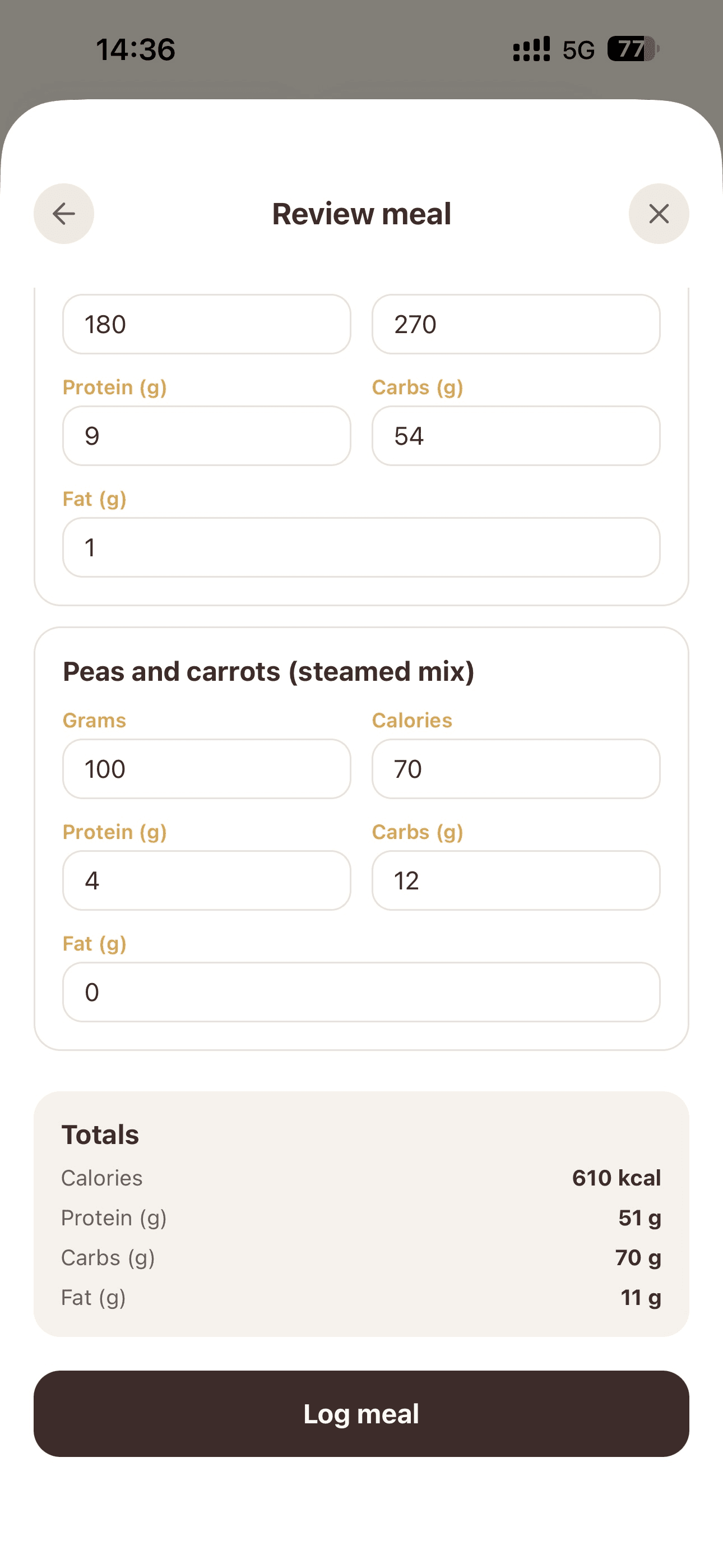 Watch macro totals update instantly while the ingredient list stays editable.
